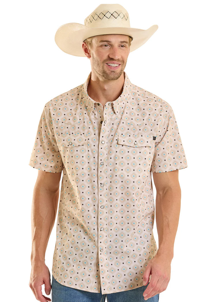 Rock & Roll Mens TEK Western Perforated Diamond Short Sleeve Shirt BMB2S08696