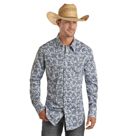 Rock & Roll Paisley Printed Blue LS Snap Shirt BMB2S03343