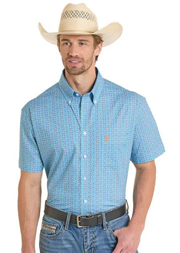Rock & Roll Mens Aqua Short Sleeve Button Bown BMB3S08326