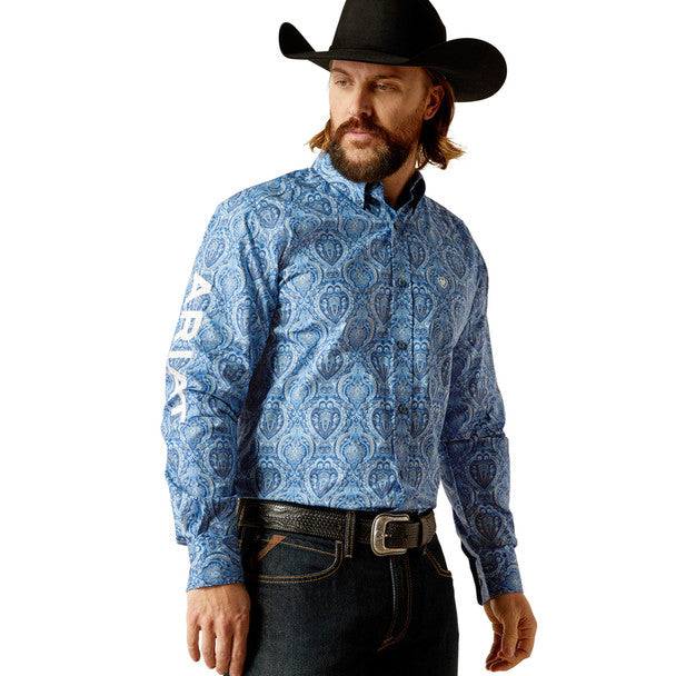 Ariat Mens Fitted Team Kellan FTD LS Shrt Blue/White 10052627
