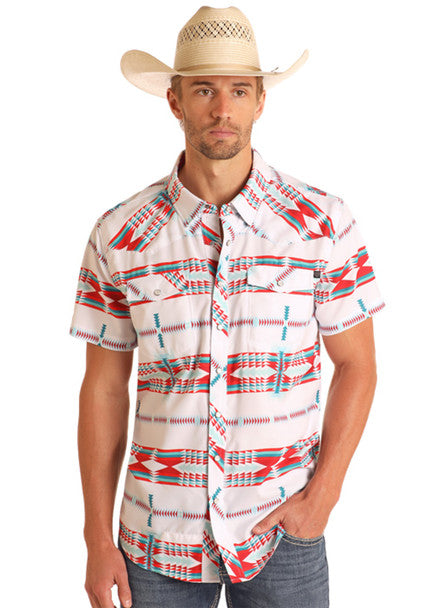 Rock & Roll Denim Mens Tek Aztec Print Short Sleeve White BMN3S05960
