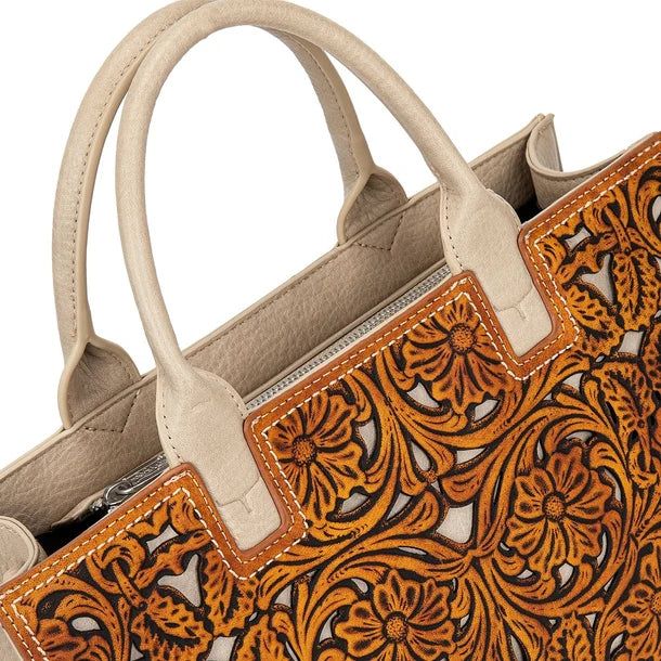 TR214-8802BR Trinity Ranch Floral Tooled Leather Western Satchel Tote Bag - Brown
