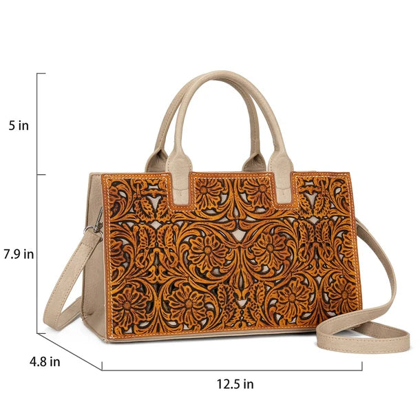 TR214-8802BR Trinity Ranch Floral Tooled Leather Western Satchel Tote Bag - Brown