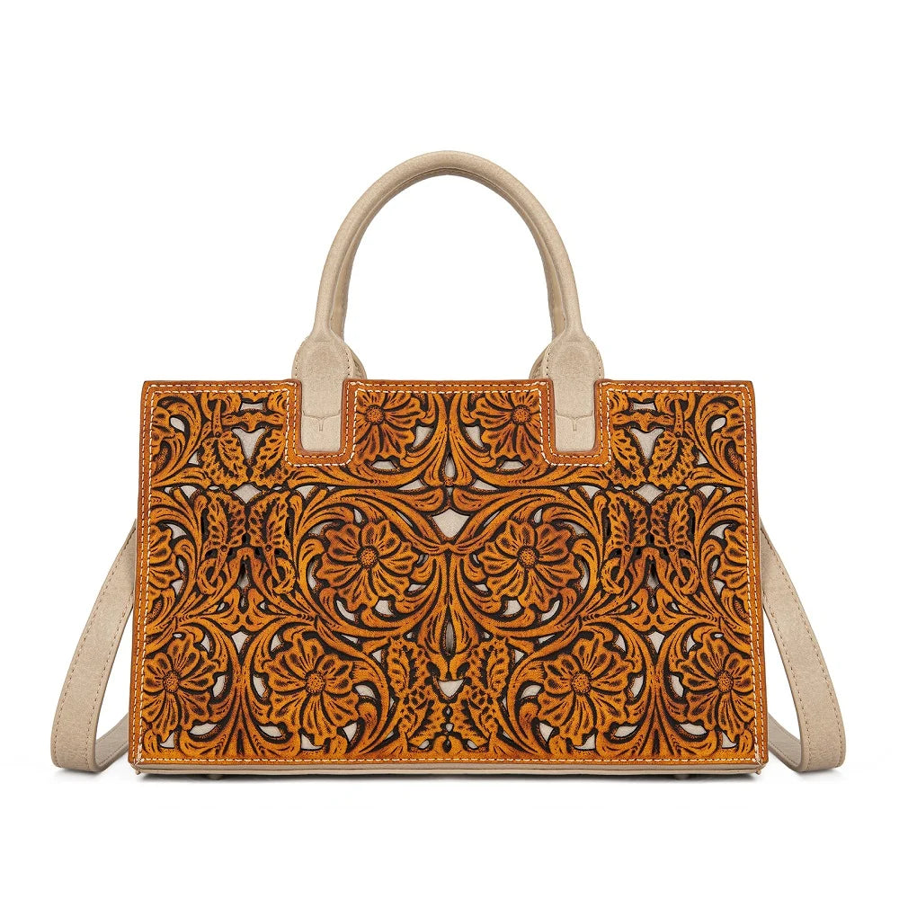 TR214-8802BR Trinity Ranch Floral Tooled Leather Western Satchel Tote Bag - Brown