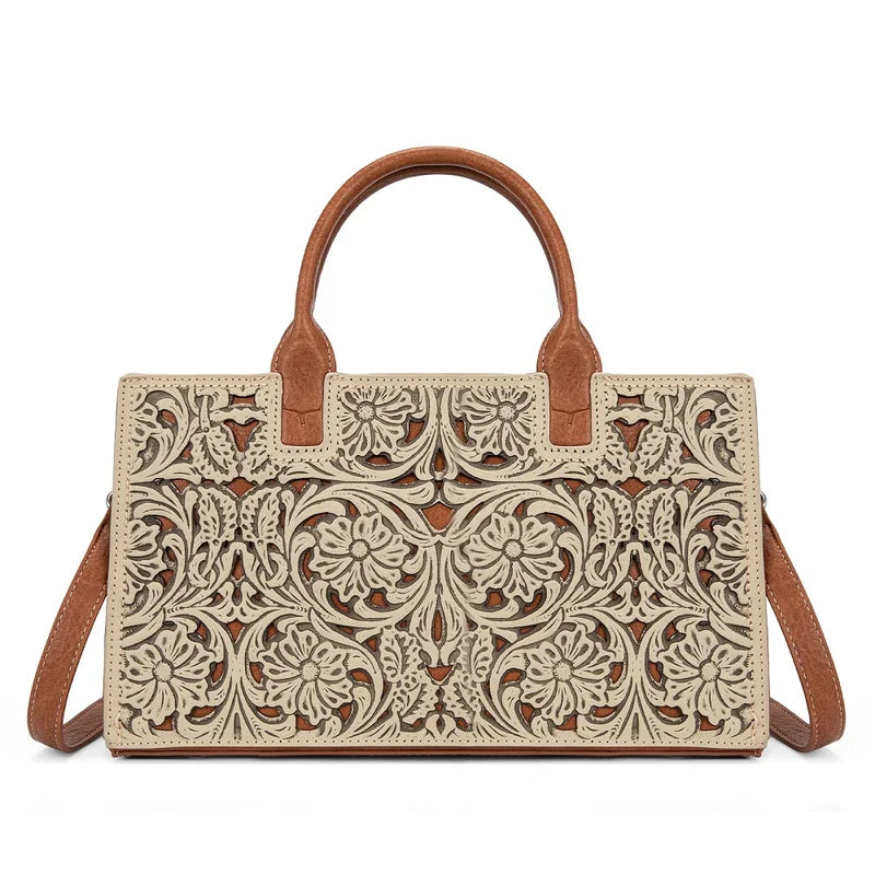 TR214-8802TN Trinity Ranch Floral Tooled Leather Western Satchel Tote Bag - Tan