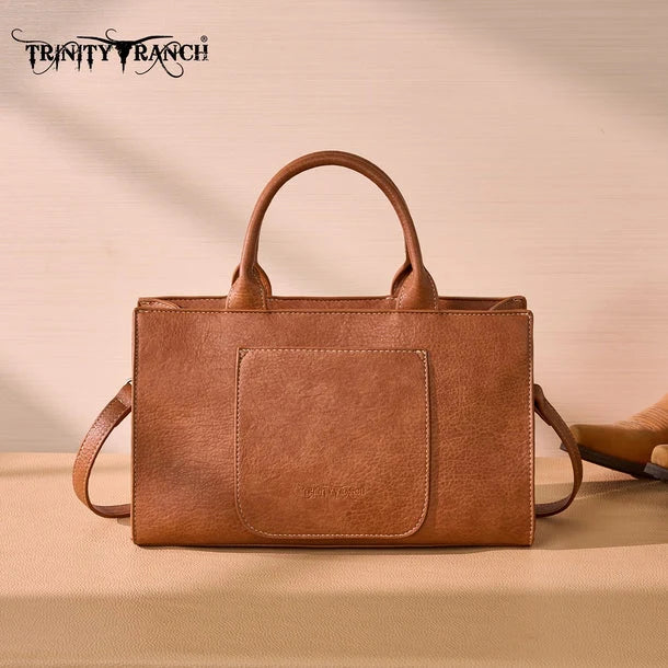 TR214-8802TN Trinity Ranch Floral Tooled Leather Western Satchel Tote Bag - Tan