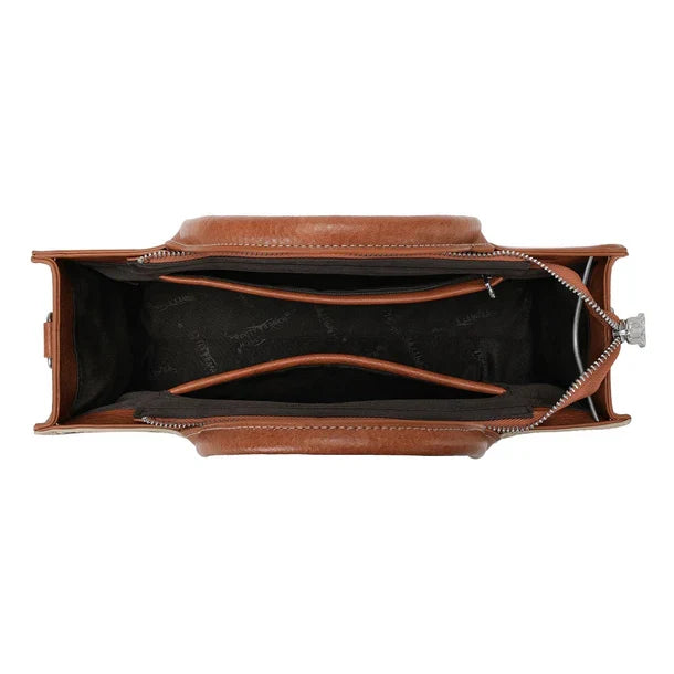 TR214-8802TN Trinity Ranch Floral Tooled Leather Western Satchel Tote Bag - Tan