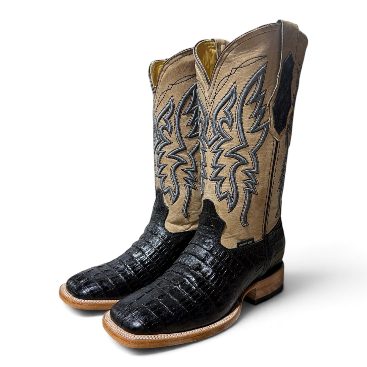 Cowboy City Western Wear The Maverick black square toe boots with tan leather shaft and caiman tail print design.