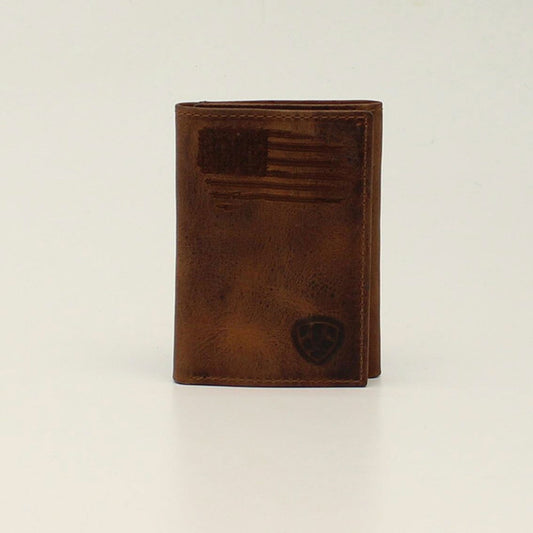 Ariat Men's Brown Distressed USA Flag Tri-Fold Wallet A3545402