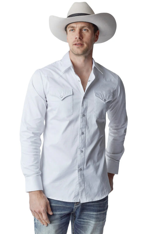 Western Blue Men's Solid White Twill Long Sleeve Snap Shirts WL-007