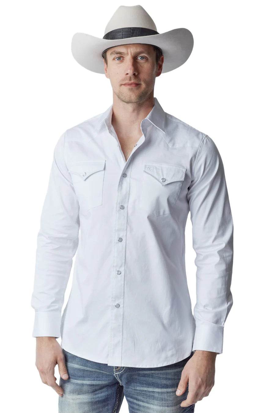 Western Blue Men's Solid White Twill Long Sleeve Snap Shirts WL-007