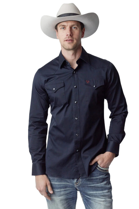 Western Blue Men's Solid Navy Twill Long Sleeve Snap Shirts WL-012