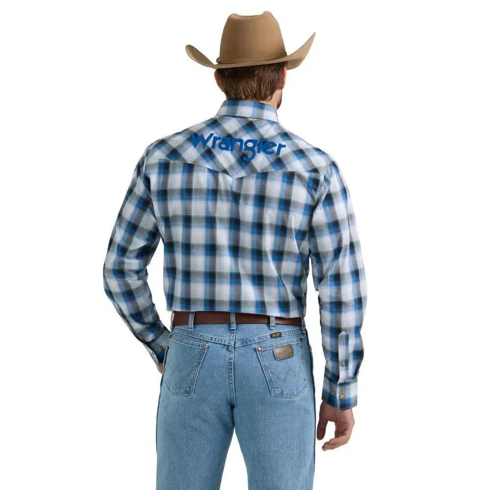 Wrangler Men's "Logo Plaid" Long Sleeve T-Shirt, Blue - 112352383