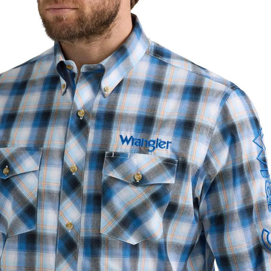 Wrangler Men's "Logo Plaid" Long Sleeve T-Shirt, Blue - 112352383