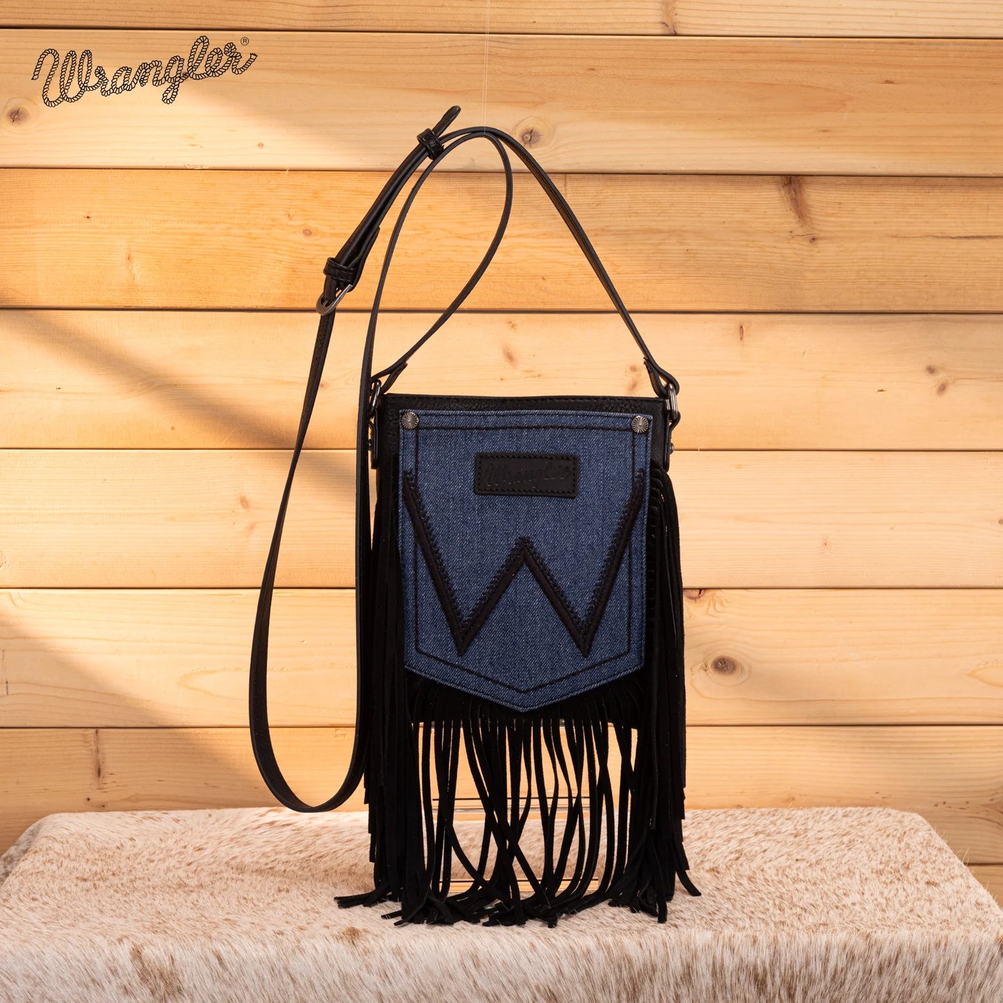 Wrangler Leather Fringe Jean Denim Pocket Crossbody - Black WG367-8360BK