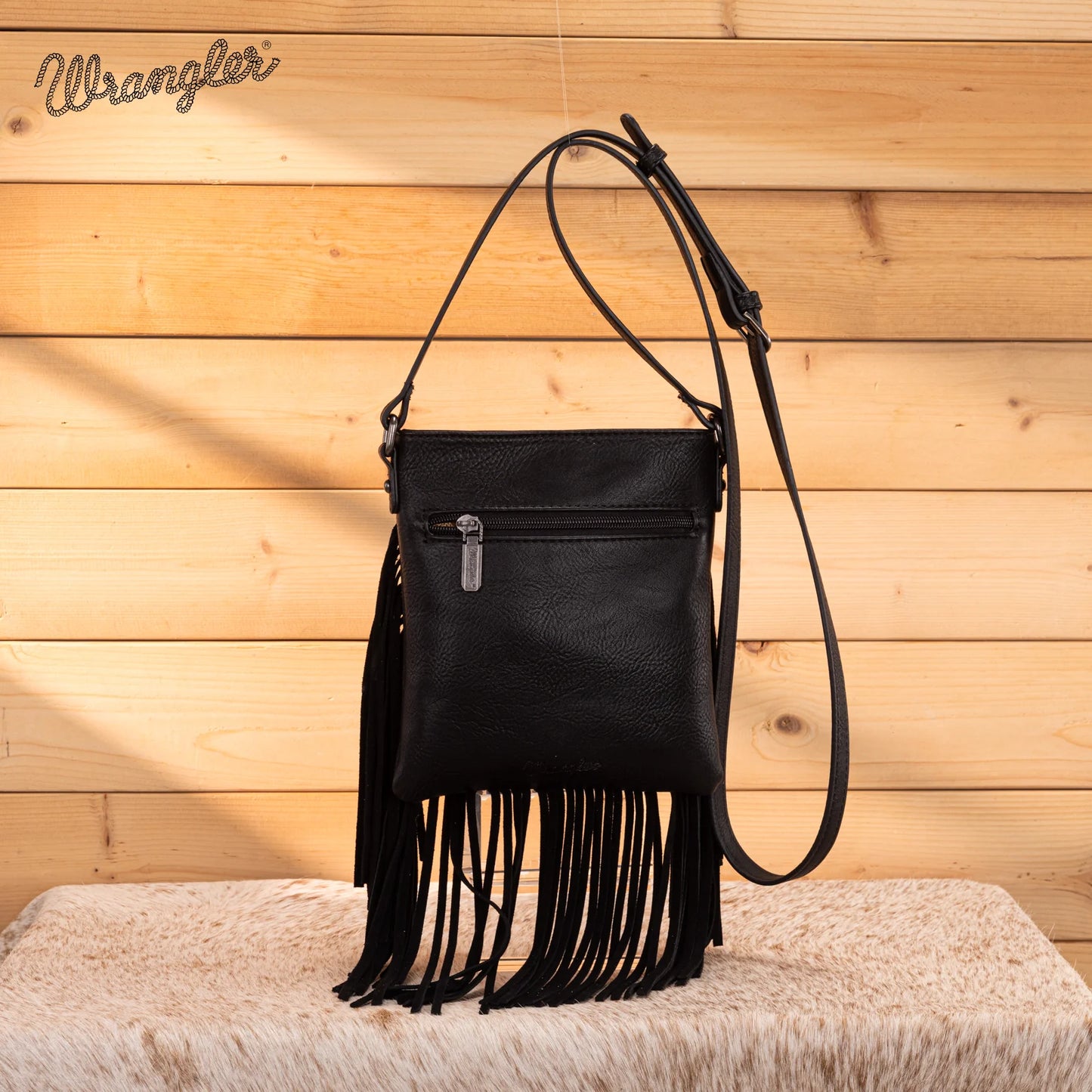 Wrangler Leather Fringe Jean Denim Pocket Crossbody - Black WG367-8360BK