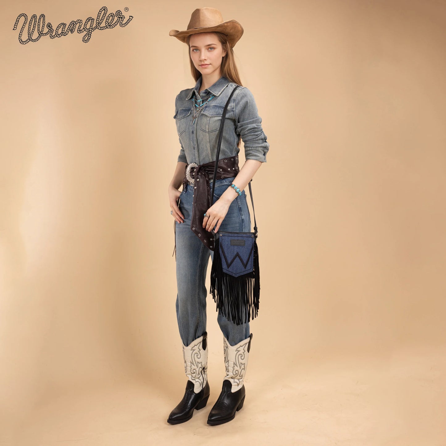 Wrangler Leather Fringe Jean Denim Pocket Crossbody - Black WG367-8360BK