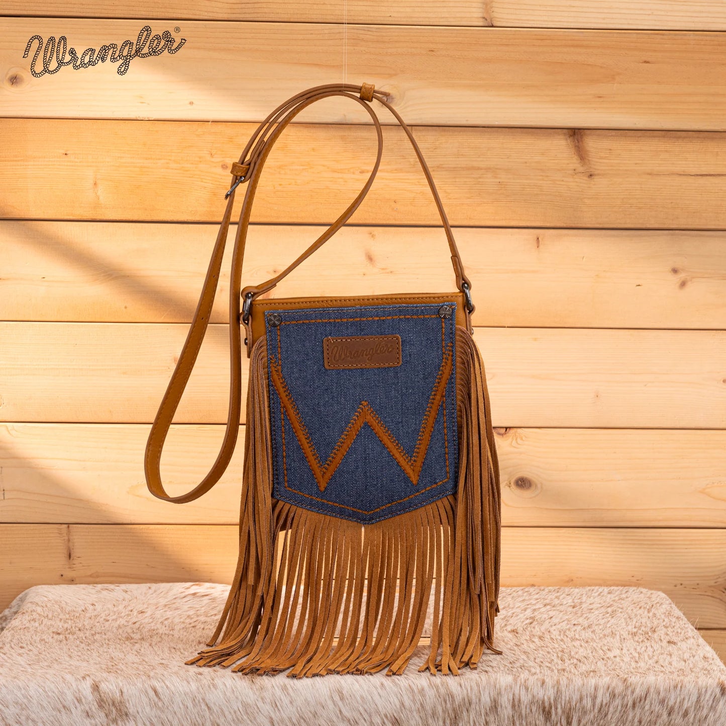 Wrangler Leather Fringe Jean Denim Pocket Crossbody - Light Brown WG367-8360LBR