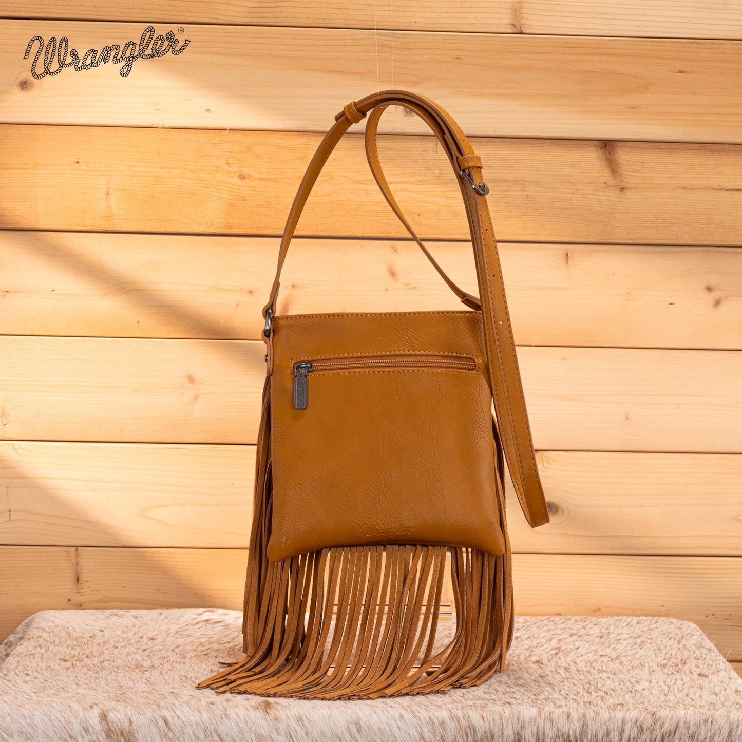Wrangler Leather Fringe Jean Denim Pocket Crossbody - Light Brown WG367-8360LBR
