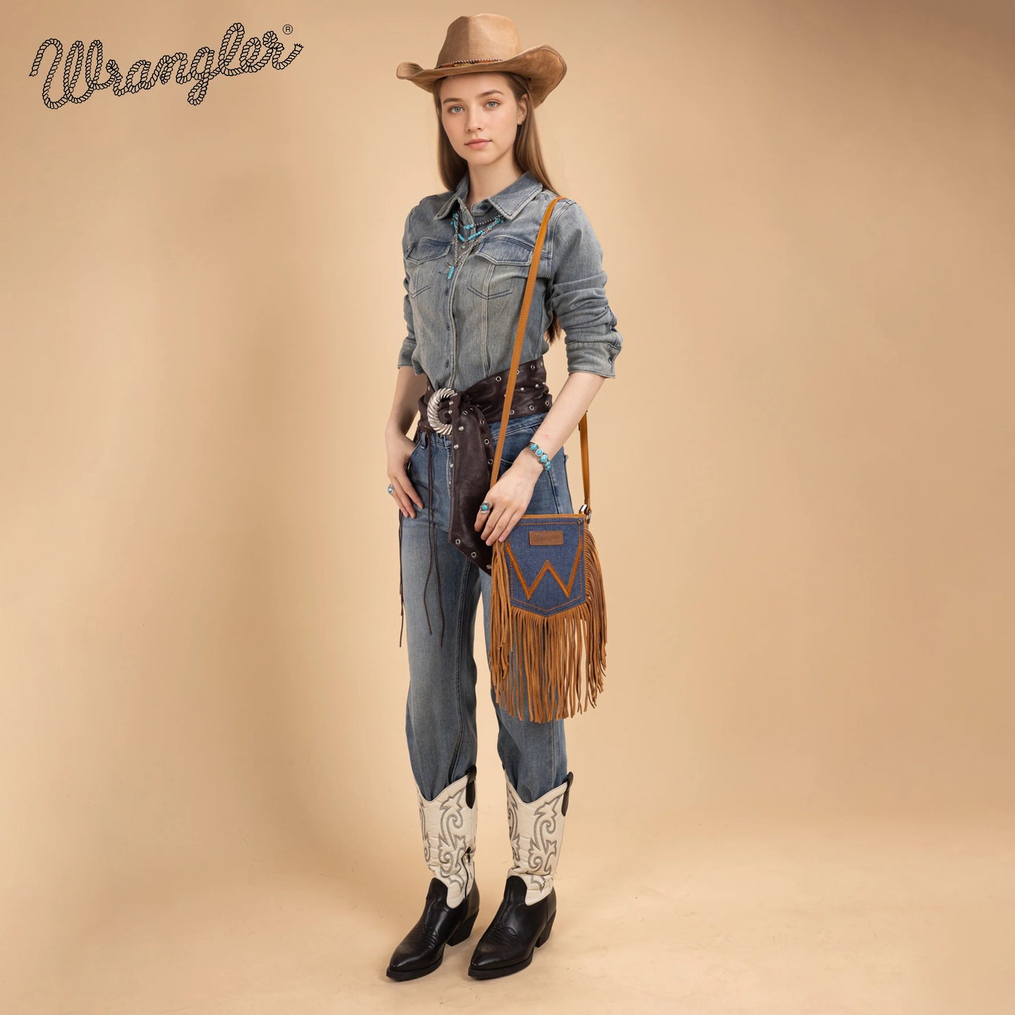 Wrangler Leather Fringe Jean Denim Pocket Crossbody - Light Brown WG367-8360LBR