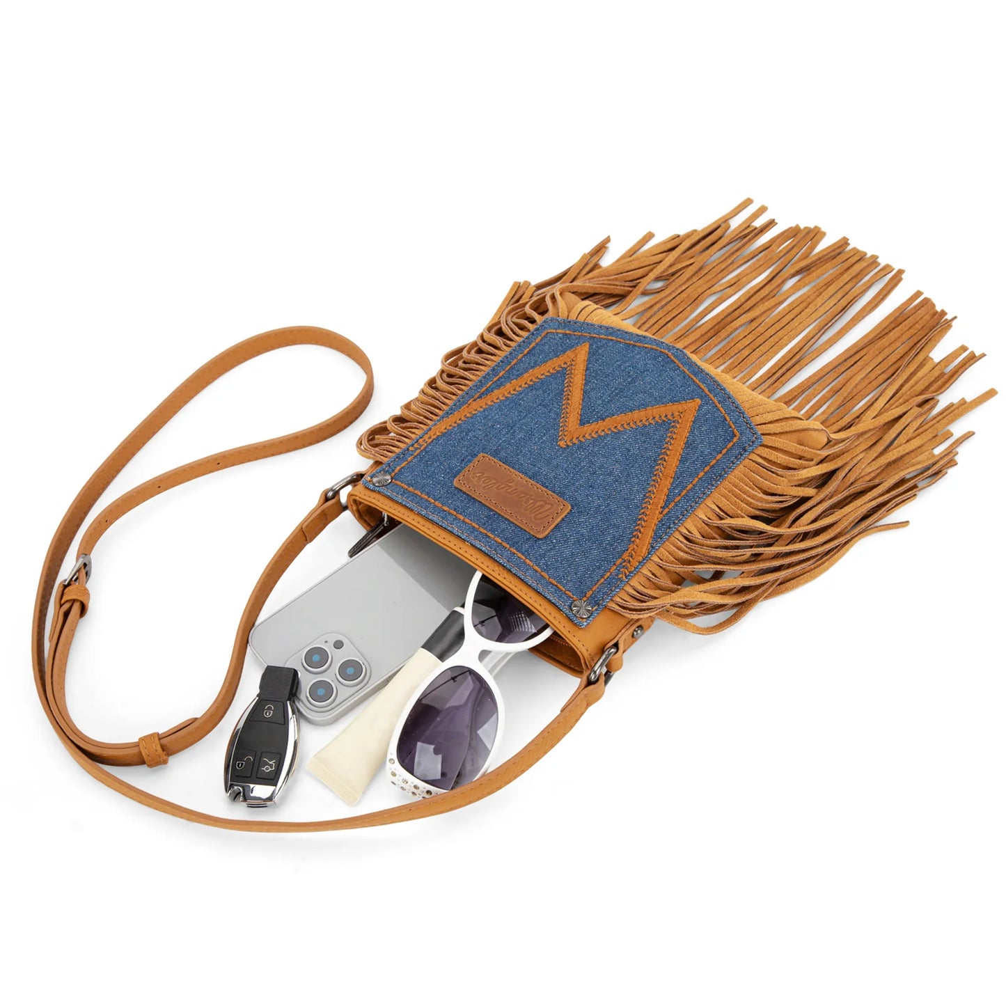 Wrangler Leather Fringe Jean Denim Pocket Crossbody - Light Brown WG367-8360LBR