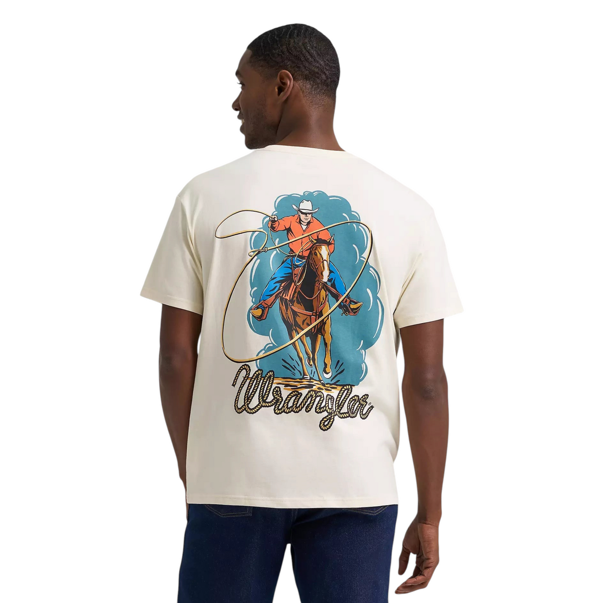 Man wearing Cowboy City Western Wear Wrangler antique white cotton t-shirt with back roper action graphic print
