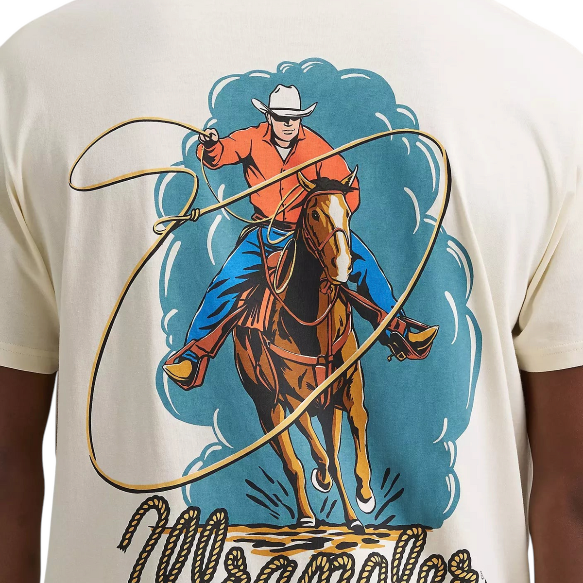 Cowboy City Western Wear Wrangler antique white cotton t-shirt with back Roper Action cowboy graphic print