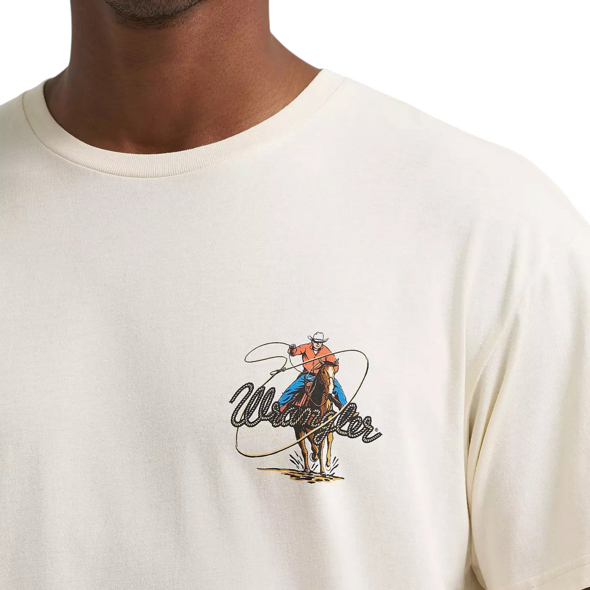 Cowboy City Western Wear Wrangler antique white cotton t-shirt featuring a small Roper Action graphic on the chest.