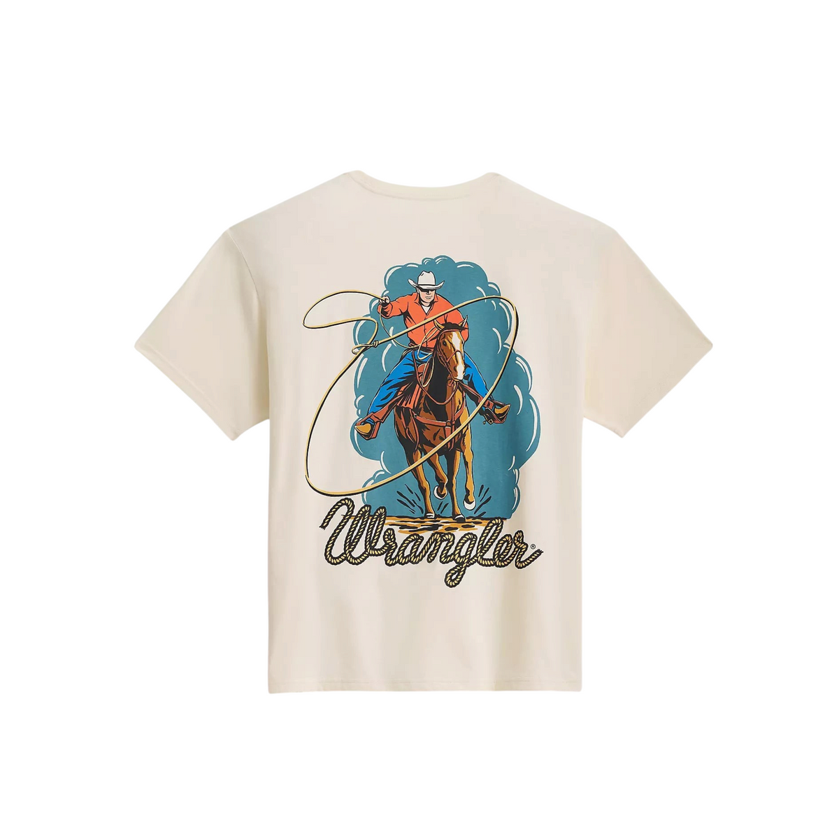 Cowboy City Western Wear Wrangler Roper Action graphic t-shirt in antique white cotton with a cowboy roping design.