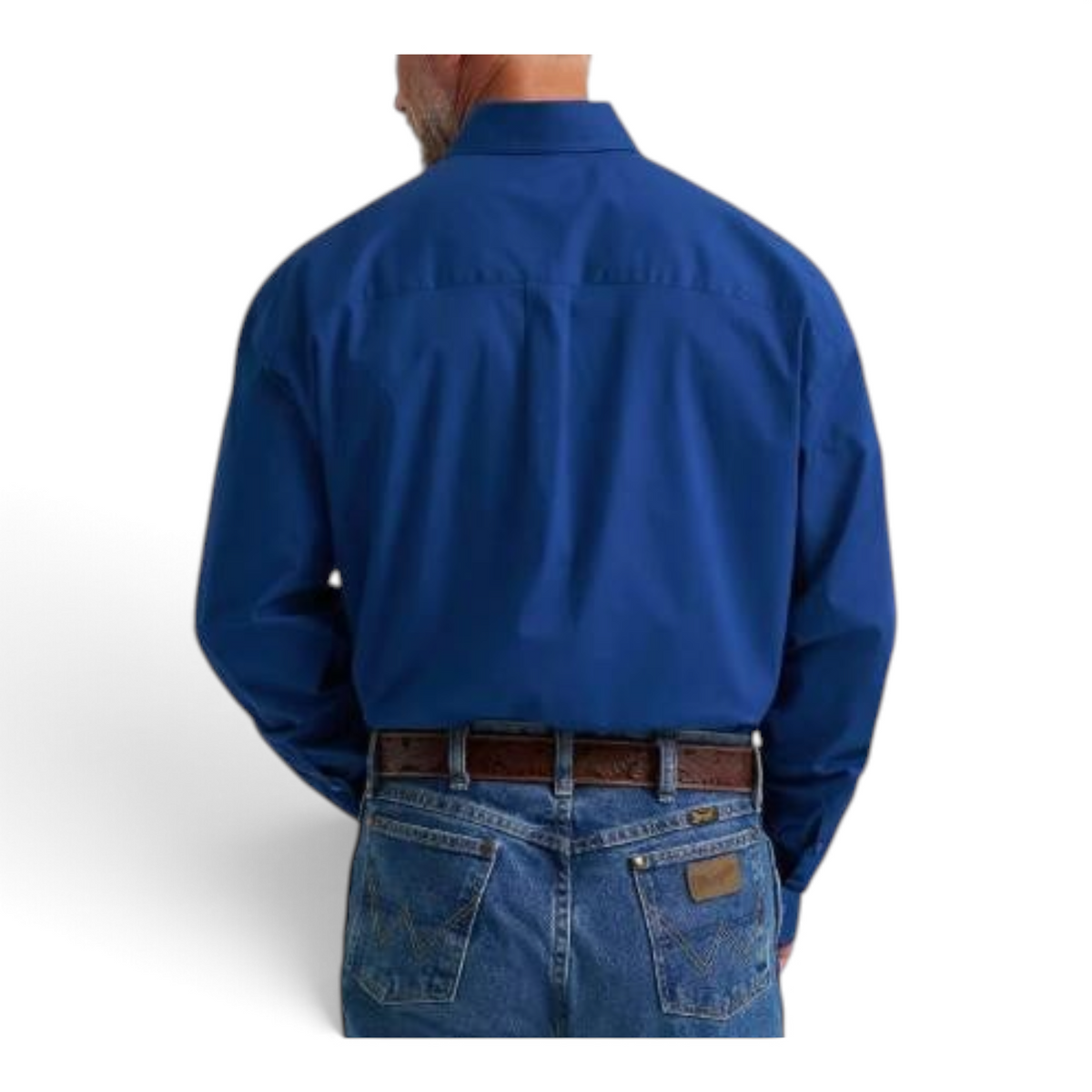 Cowboy City Western Wear Wrangler George Strait blue long sleeve button down shirt, back view with straight yoke