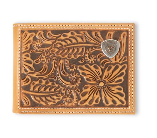 Ariat Men's Cinnamon Floral Tooled Bi-fold Wallet A3559848