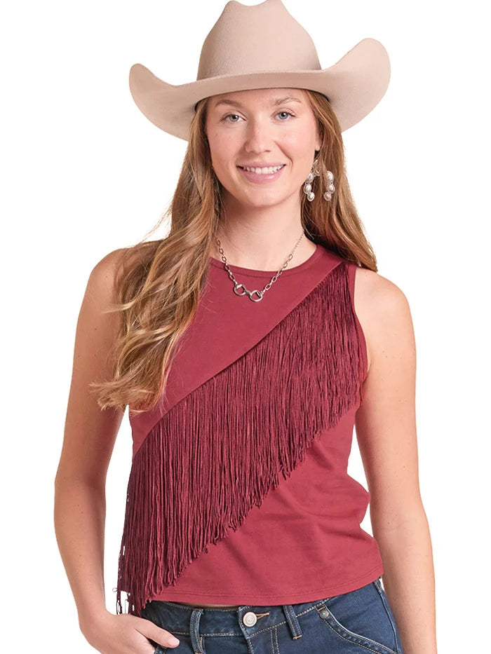 Rock & Roll Denim BW20T09412 Womens Fringe Top Red Wine