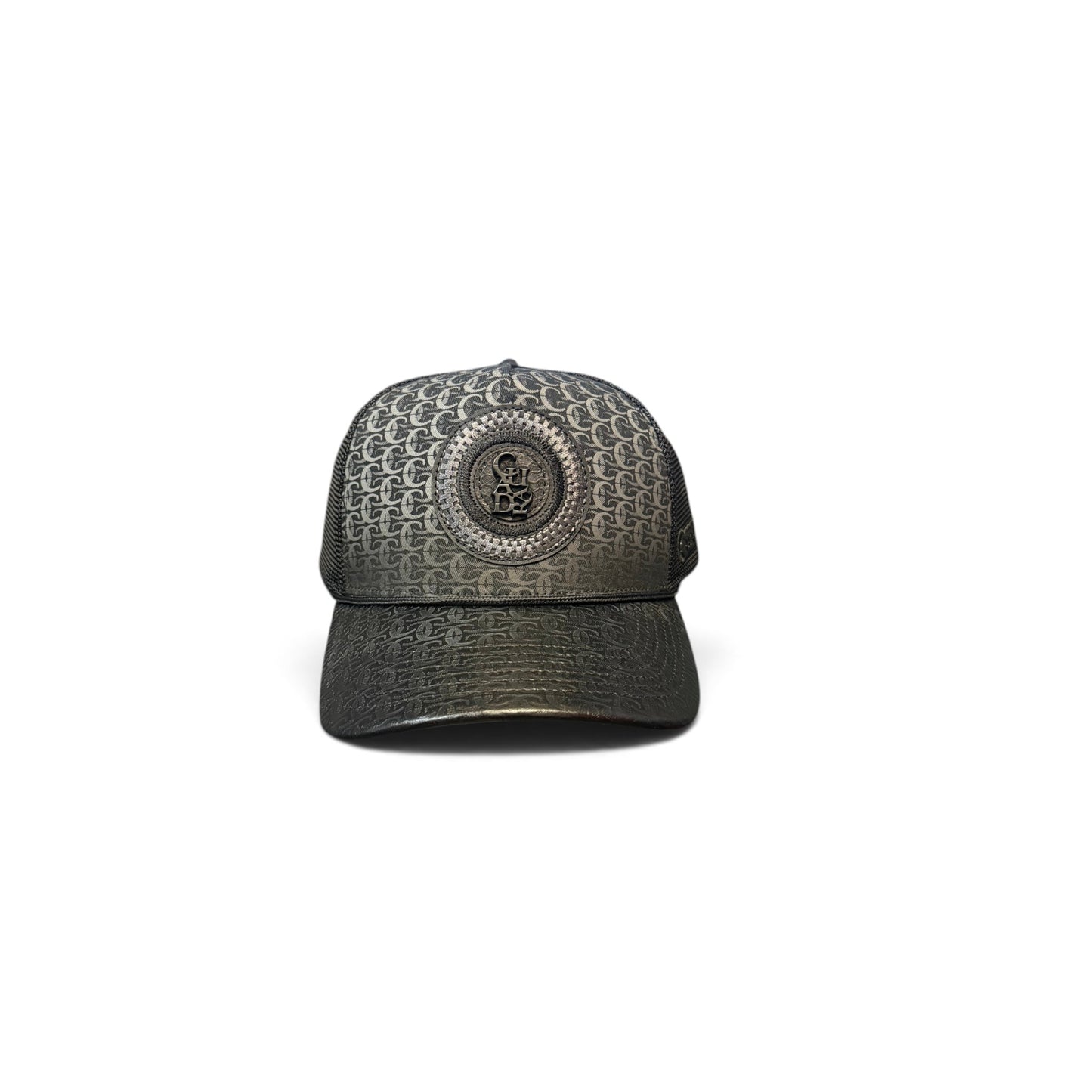 Cowboy City Western Wear black Cuadra snapback cap with a repeating logo pattern and central metallic emblem