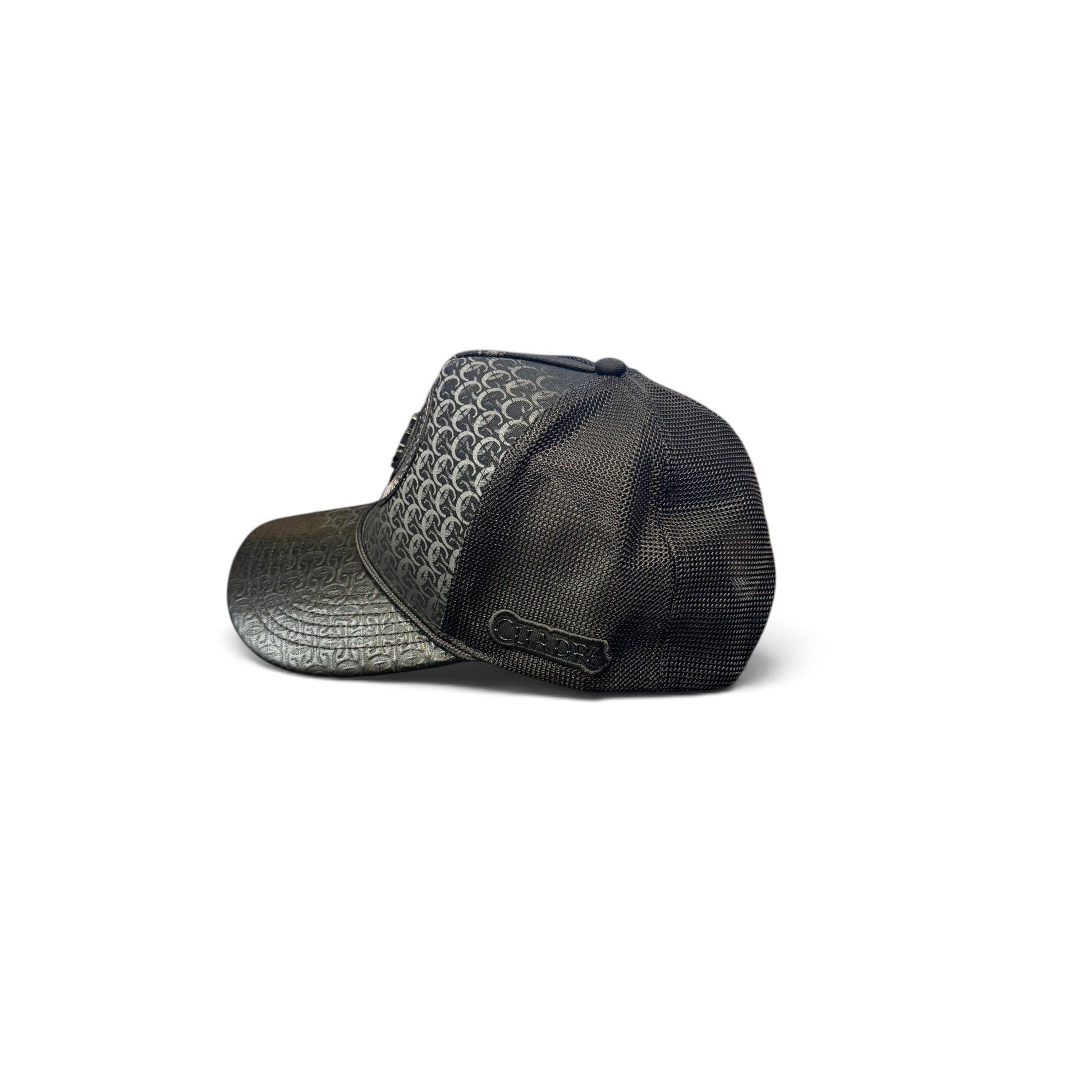 Cowboy City Western Wear black Cuadra snapback cap with embossed leather front panel and breathable mesh back