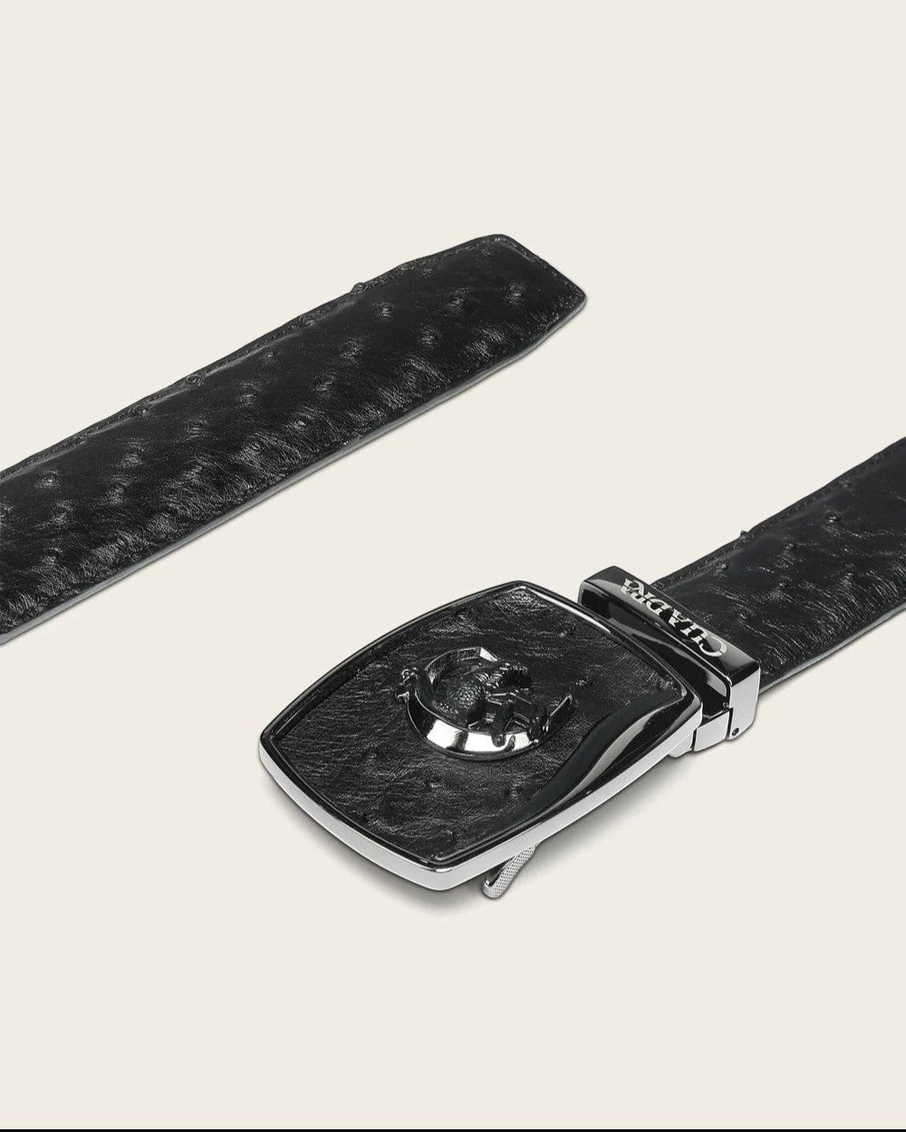 Cowboy City Western Wear black ostrich leather belt with a retractable buckle featuring a metal Cuadra logo emblem.