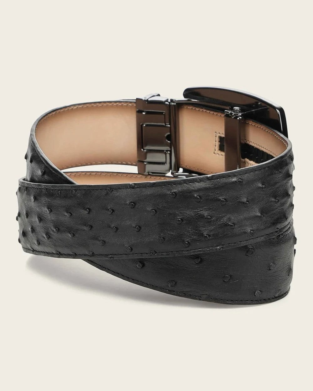Cowboy City Western Wear black full exotic ostrich leather men's western belt with a retractable buckle and SoloClip.