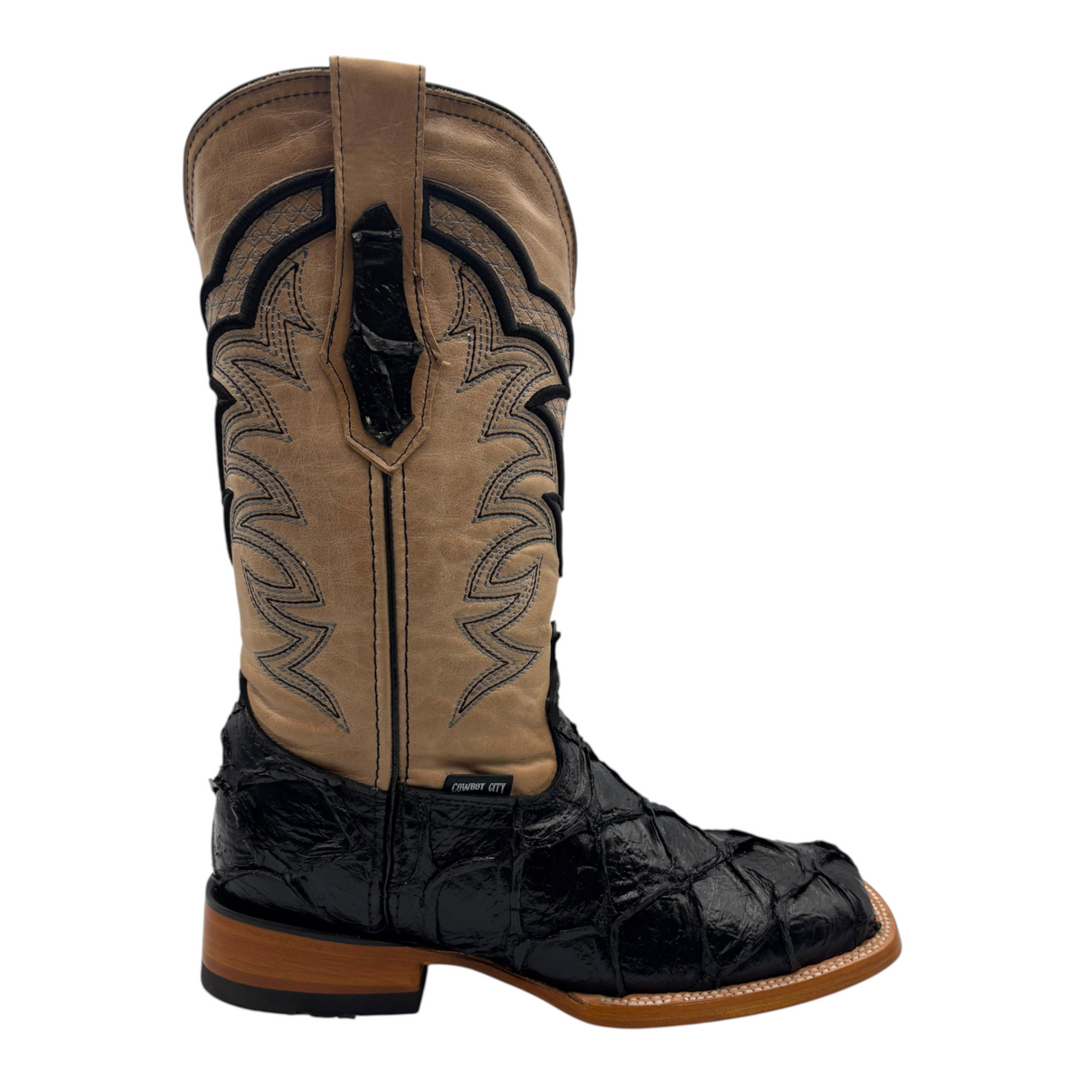 Cowboy City Western Wear men's black textured leather western boot with tan embroidered shaft and square toe
