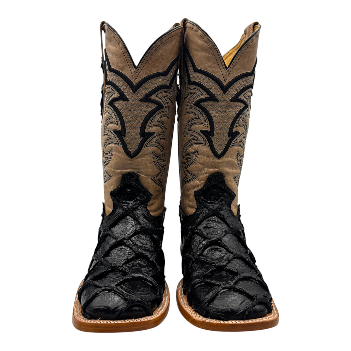 Cowboy City Western Wear men's black textured leather western boot with tan embroidered shaft and square toe