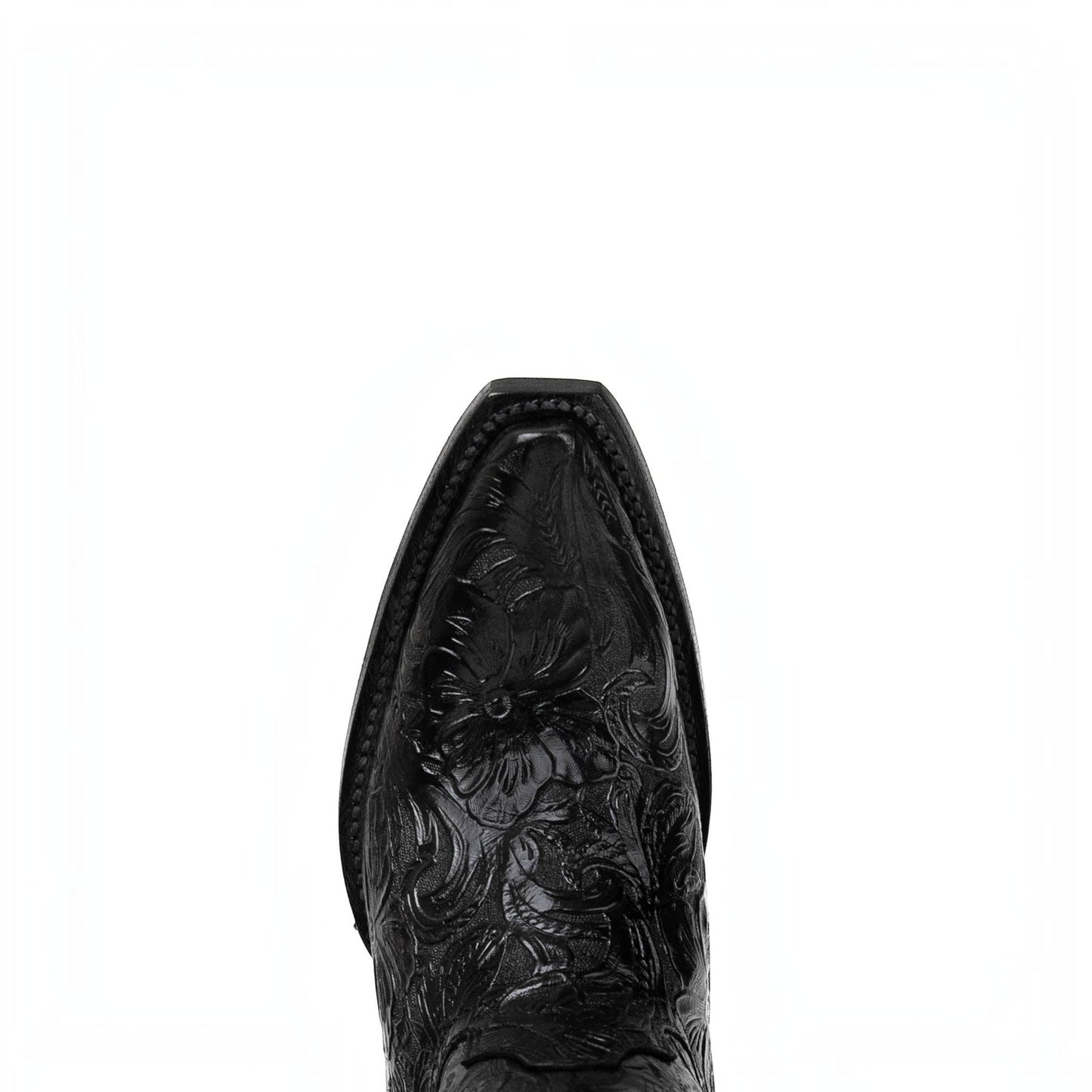 Cowboy City Western Wear black leather cowgirl boot with intricate tooled floral pattern and snip toe design