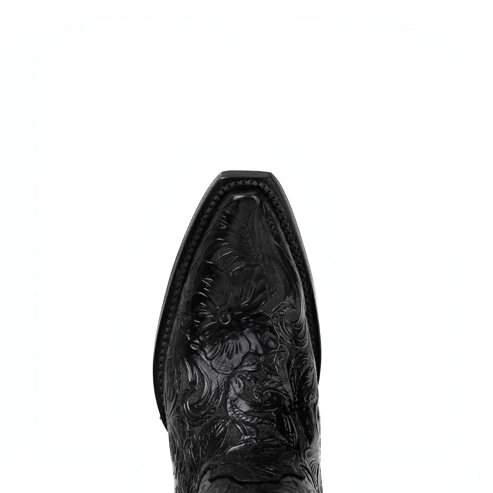 Cowboy City Western Wear black leather cowgirl boot with intricate tooled floral pattern and snip toe design