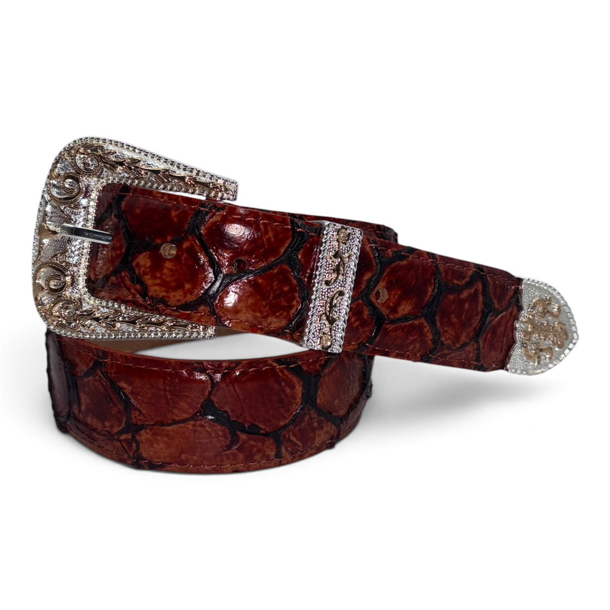 Cowboy City Western Wear brown clone Pirarucu leather belt with an ornate silver 3-piece buckle set