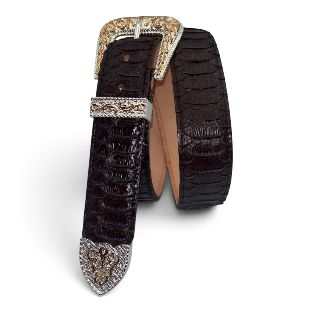 Cowboy City Western Wear brown full-grain leather belt with clone python texture and ornate 3-piece silver buckle set