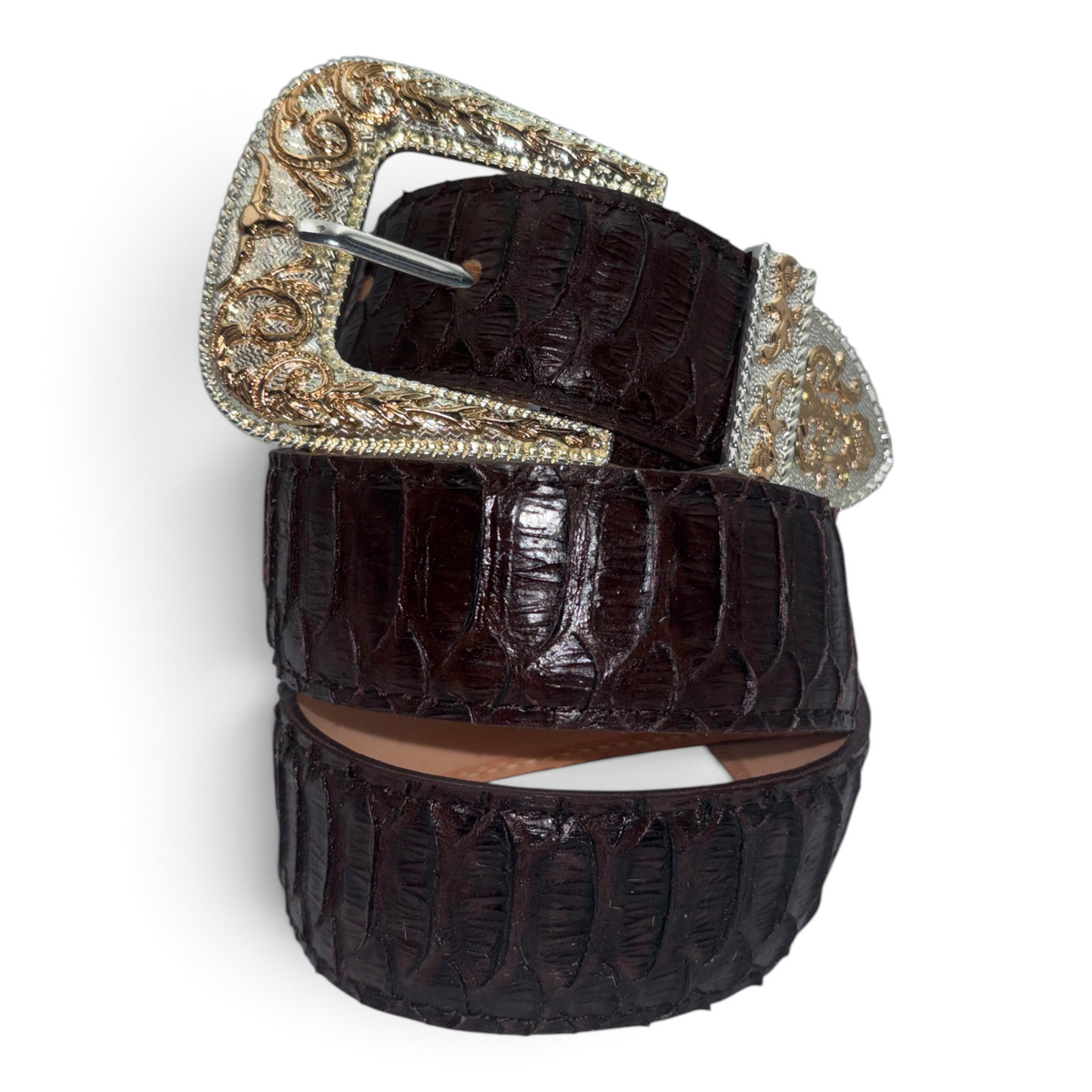 Cowboy City Western Wear brown full-grain leather belt with clone python texture and ornate 3-piece silver buckle set.
