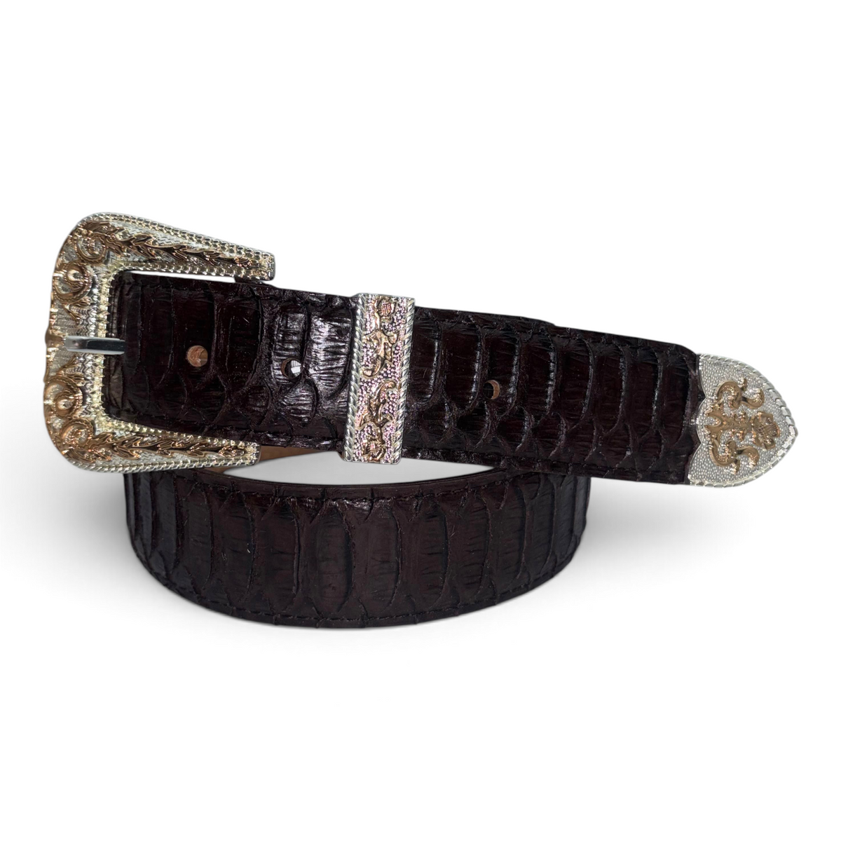 Cowboy City Western Wear brown full-grain leather belt with clone python texture and ornate silver 3-piece buckle set