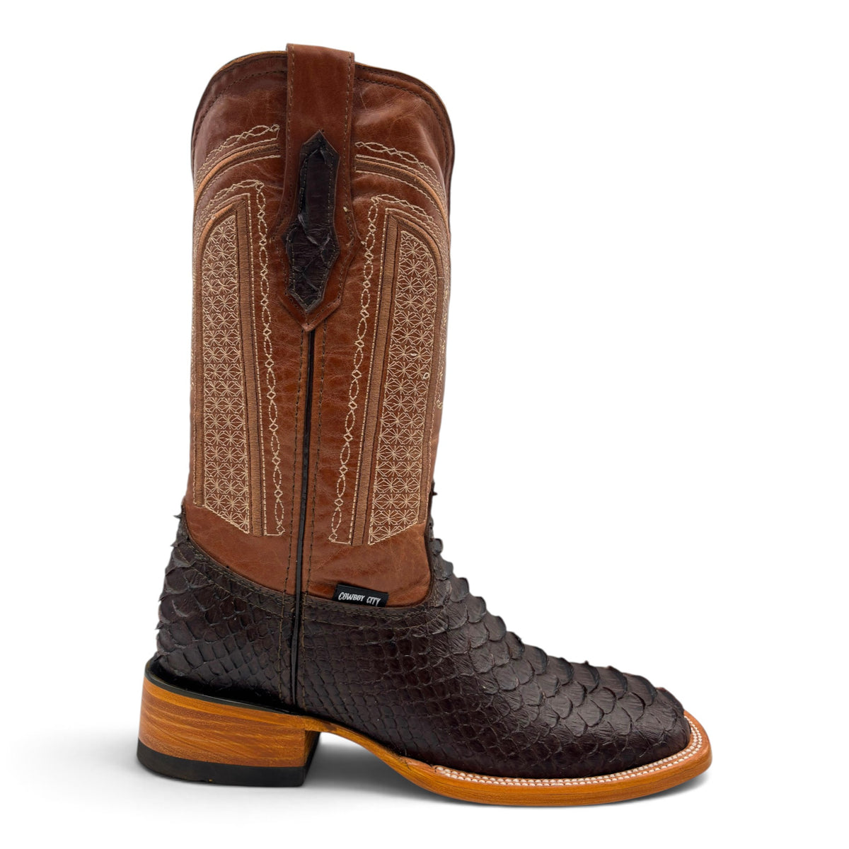 Cowboy City Western Wear men's brown python western boots with square toe, textured foot, and decorative shaft stitching