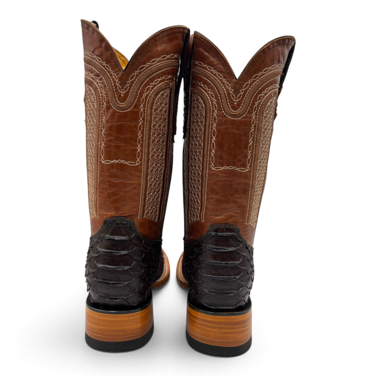 Cowboy City Western Wear men's brown western boots with textured python-style heel and detailed contrast stitching