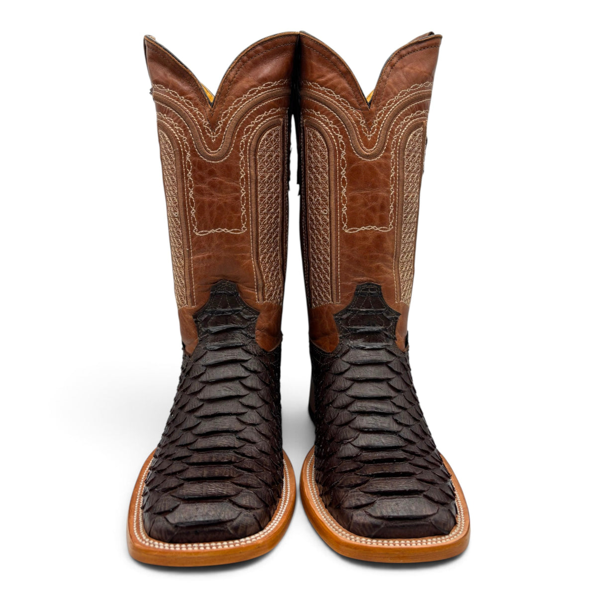 Cowboy City Western Wear men's brown python textured square toe western boots with detailed contrast stitching