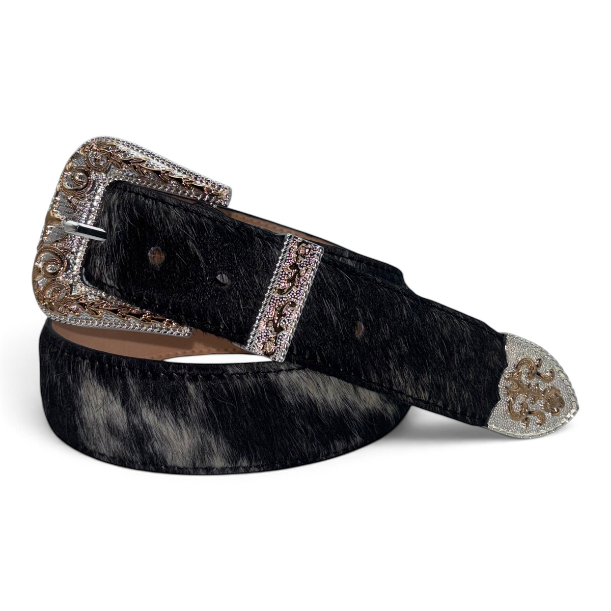 Cowboy City Western Wear black and white hair-on cowhide leather belt with an engraved 3-piece silver and gold buckle
