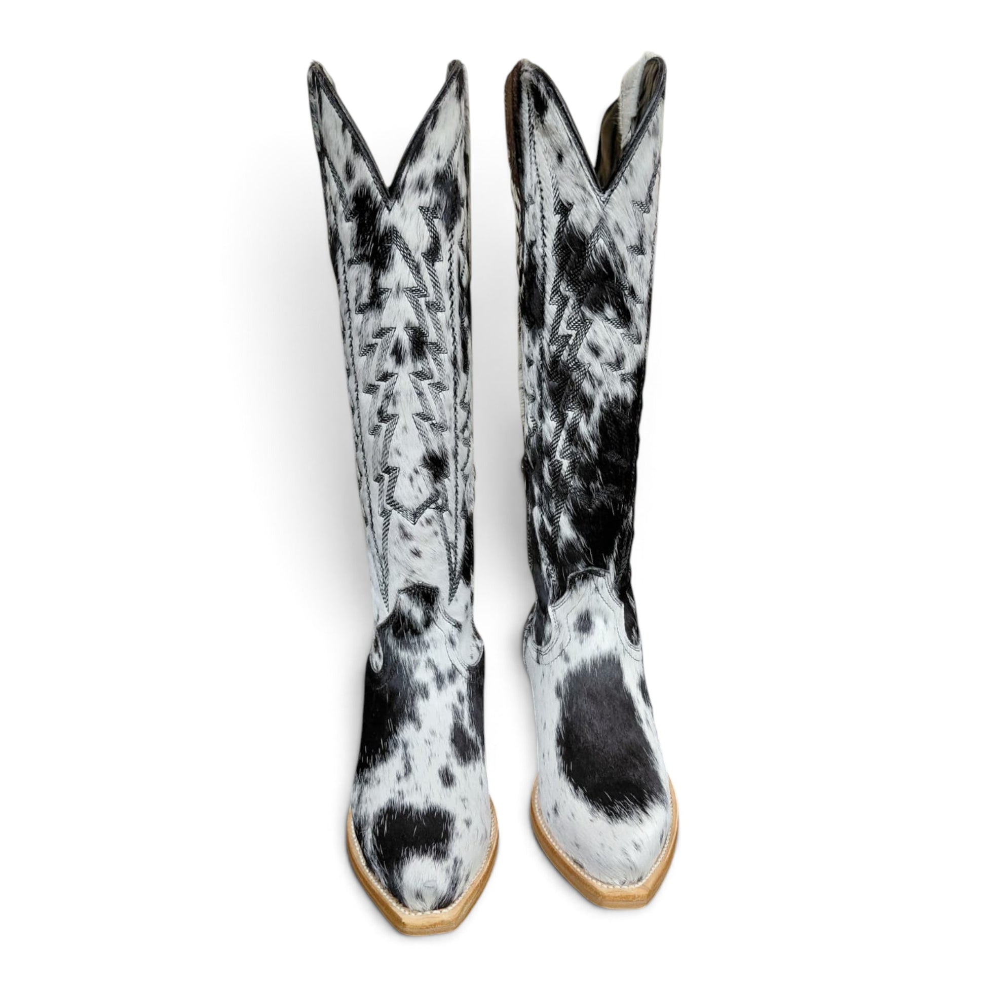 Cowboy City Western Wear tall cowhide snip toe cowgirl boots with black and white hair-on-hide pattern
