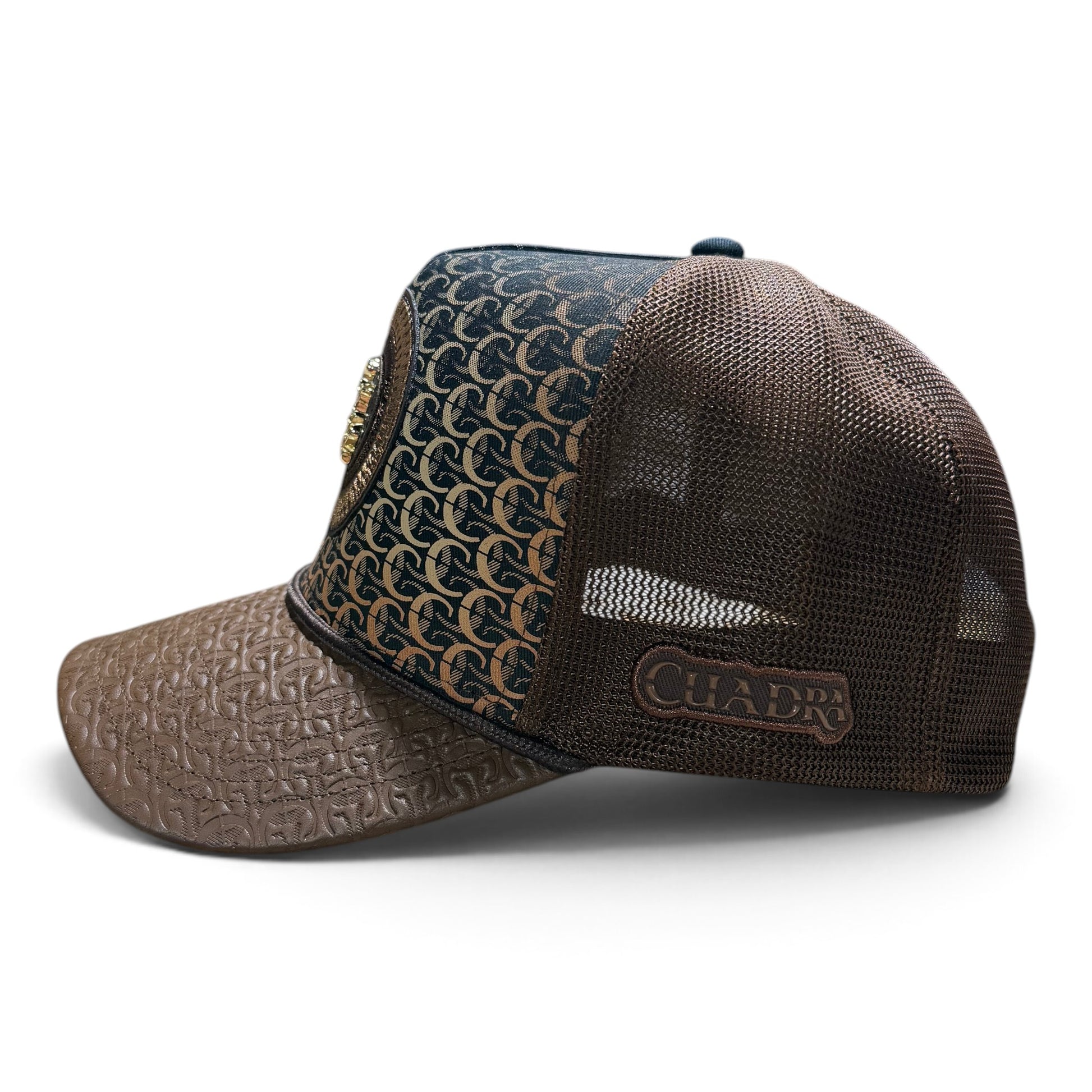 Cowboy City Western Wear Cuadra brown snapback cap with embossed leather brim, patterned front, and mesh back